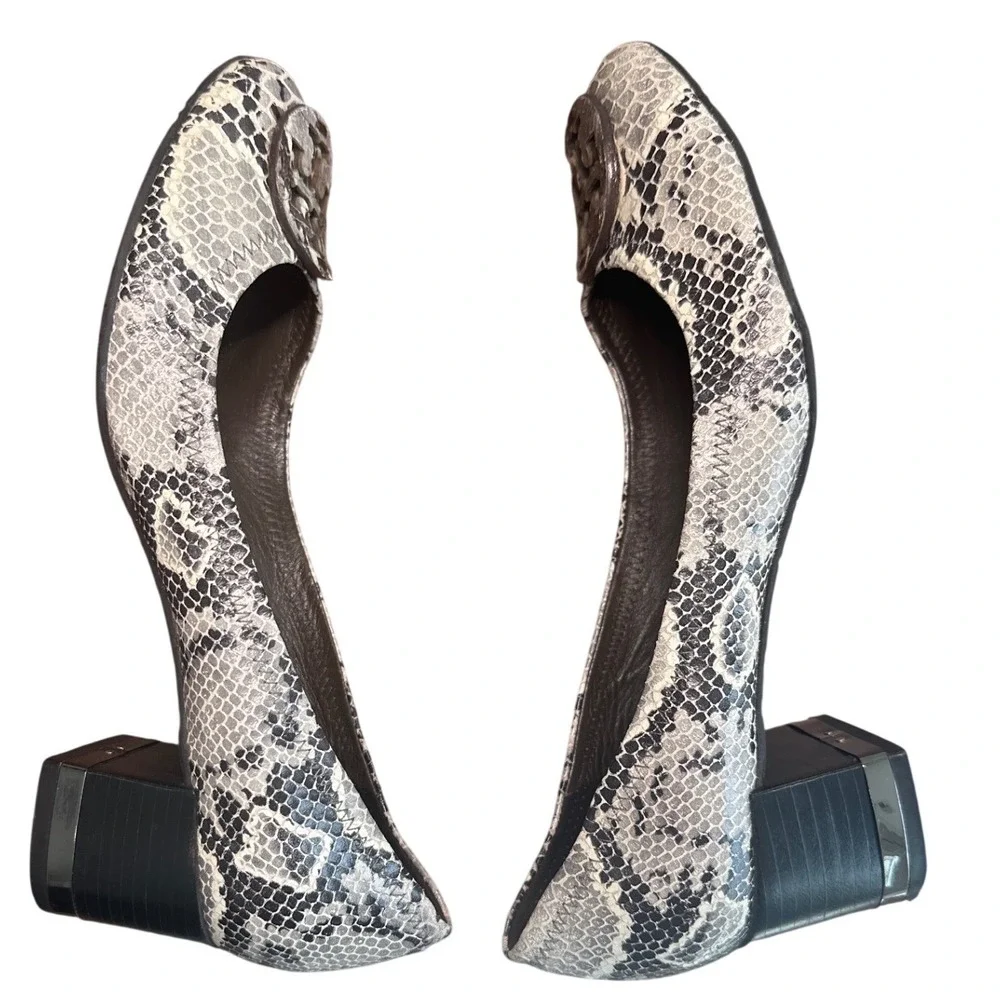 Tory Burch Claire Snake Embossed Python Block Heel Pumps Gray Black 8.5